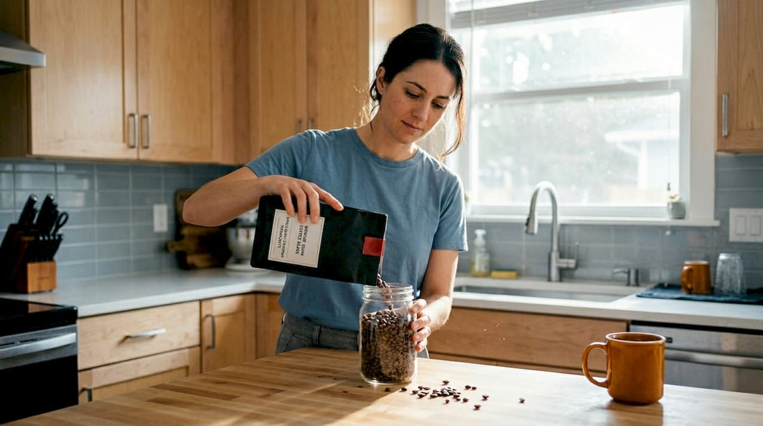 Home kitchen woman storing coffee beans