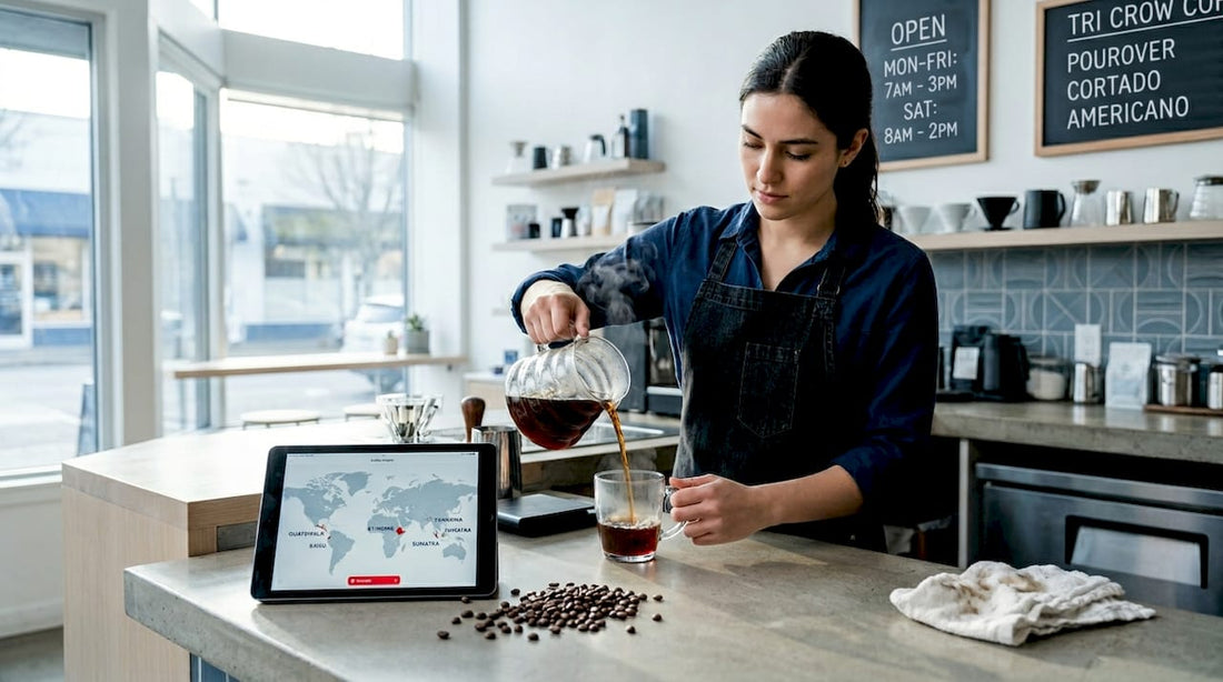 Barista serving coffee with origin data on counter