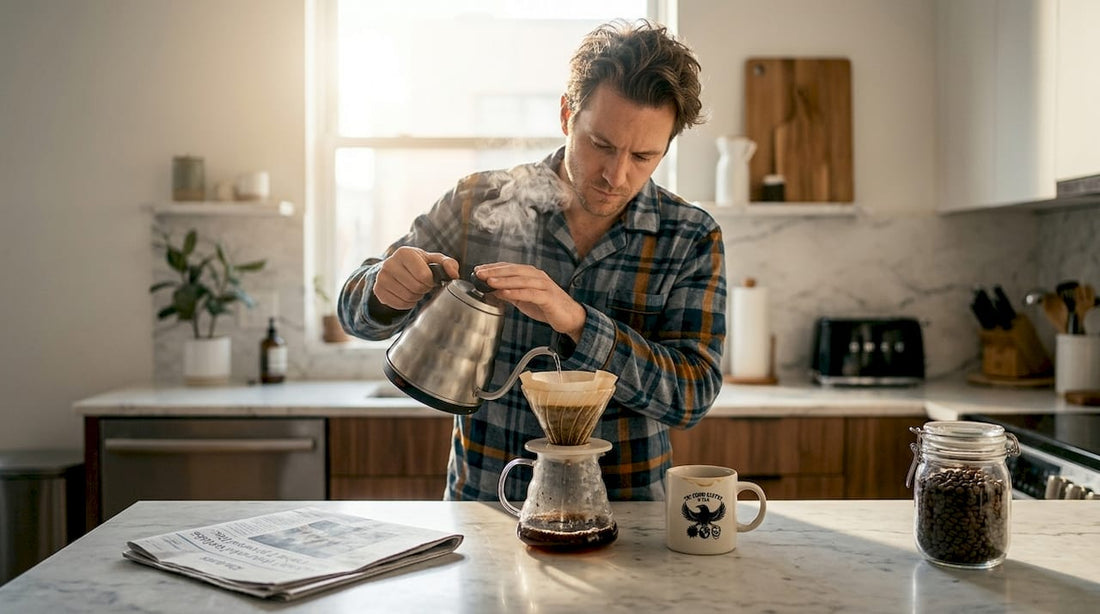 Man making pour-over coffee in sunlit kitchen