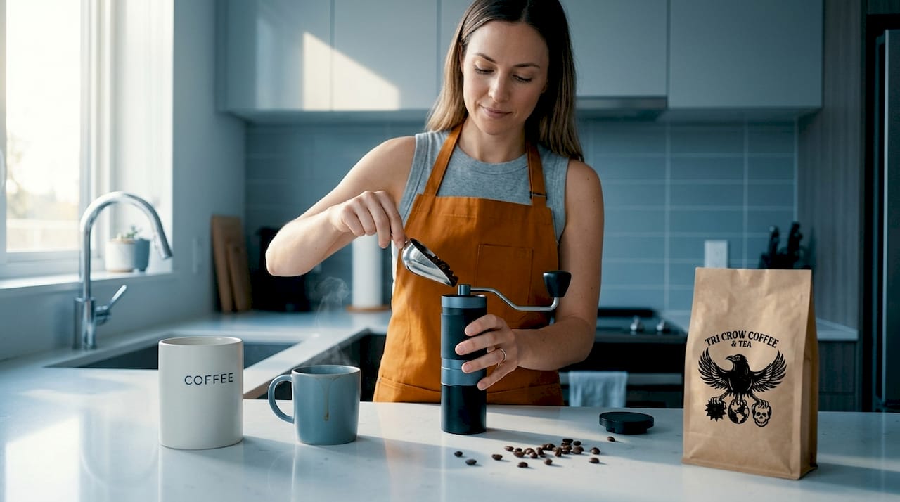 Woman grinding whole coffee beans at kitchen