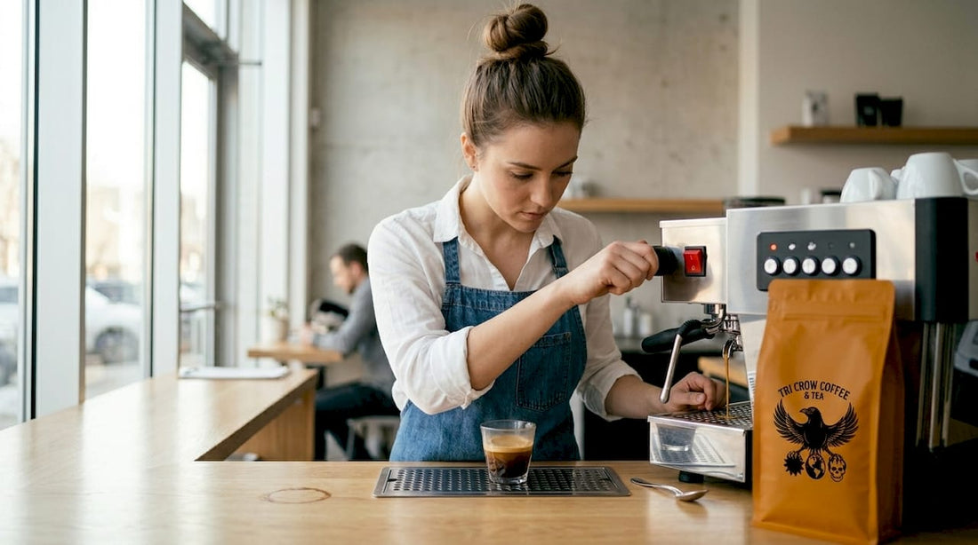 Barista forming espresso crema in café