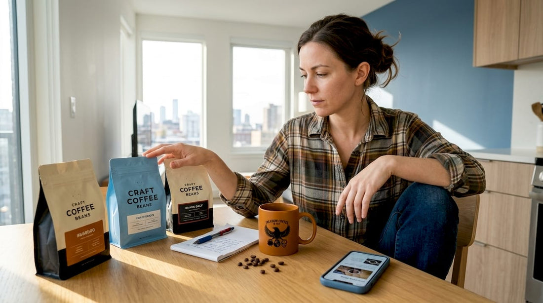 Woman comparing coffee brands at kitchen table