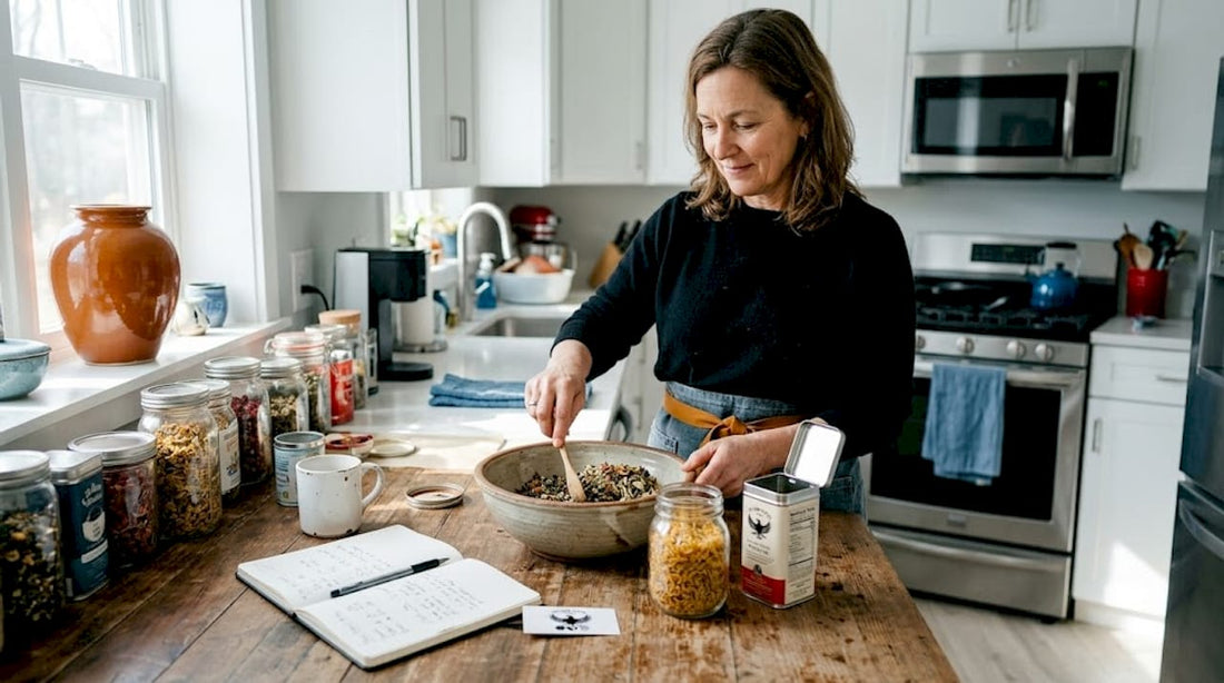 Woman blending teas in kitchen workspace