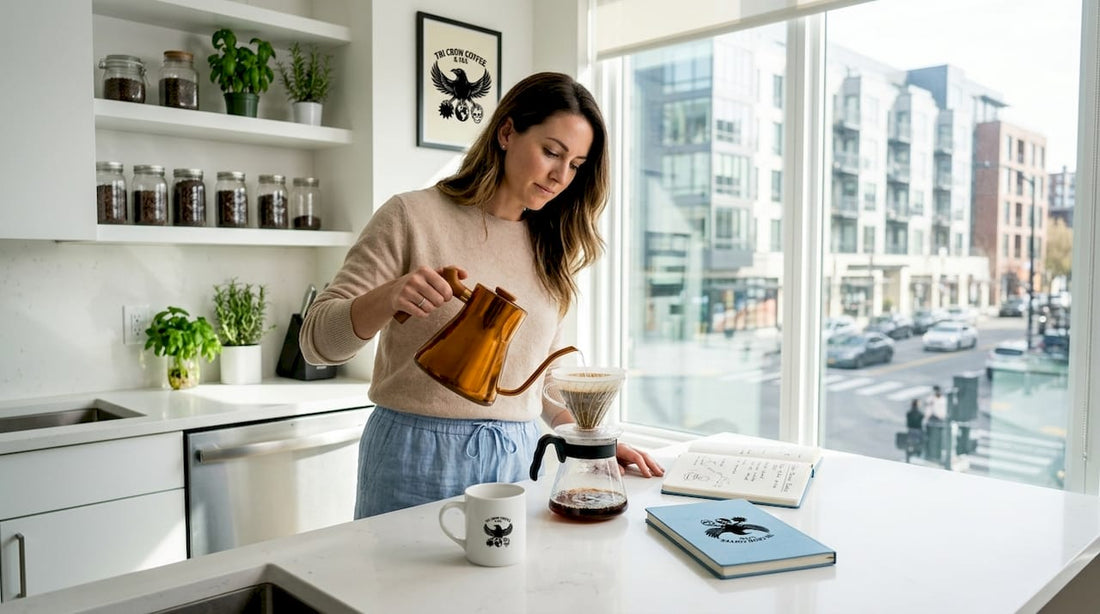 Making pour-over coffee in bright kitchen