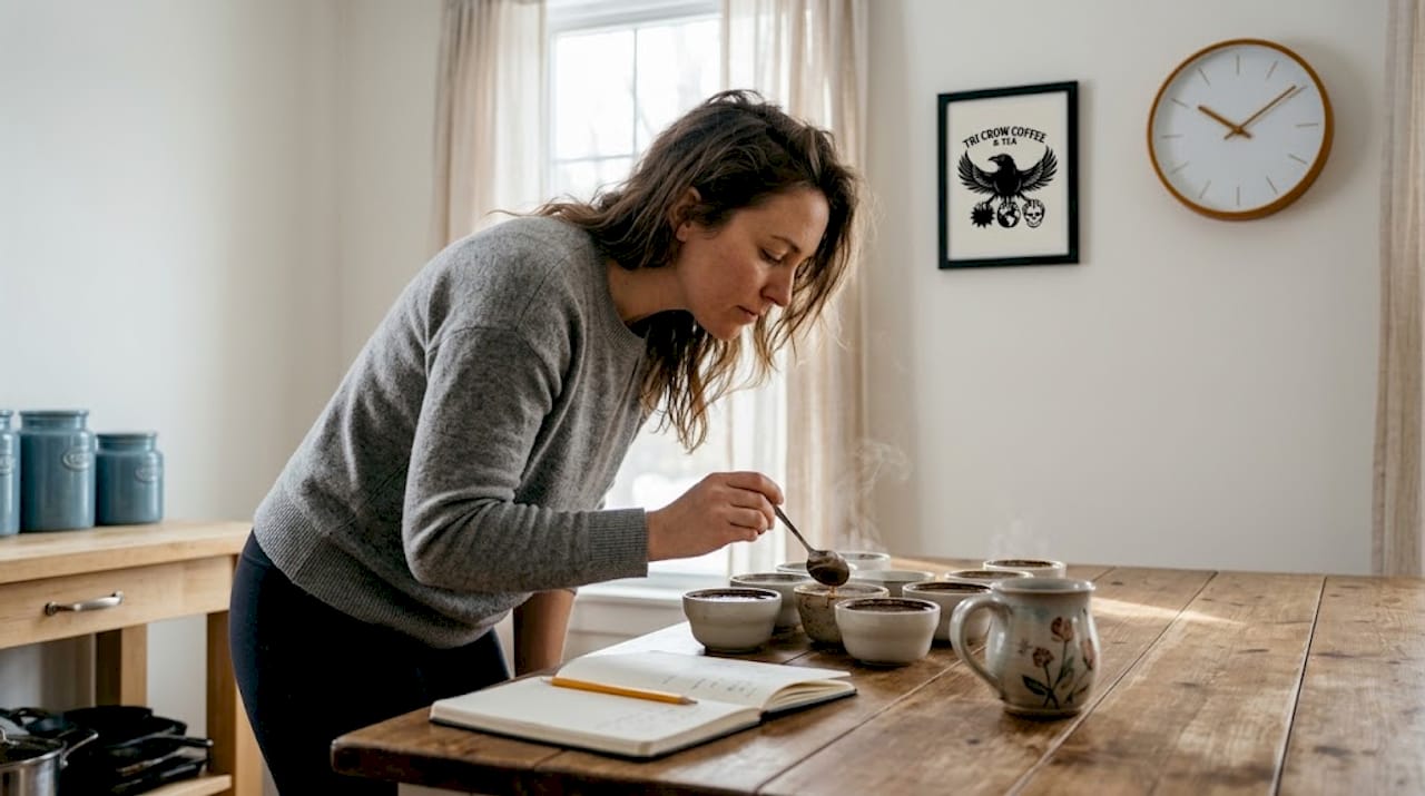 Woman performing coffee cupping in relaxed kitchen