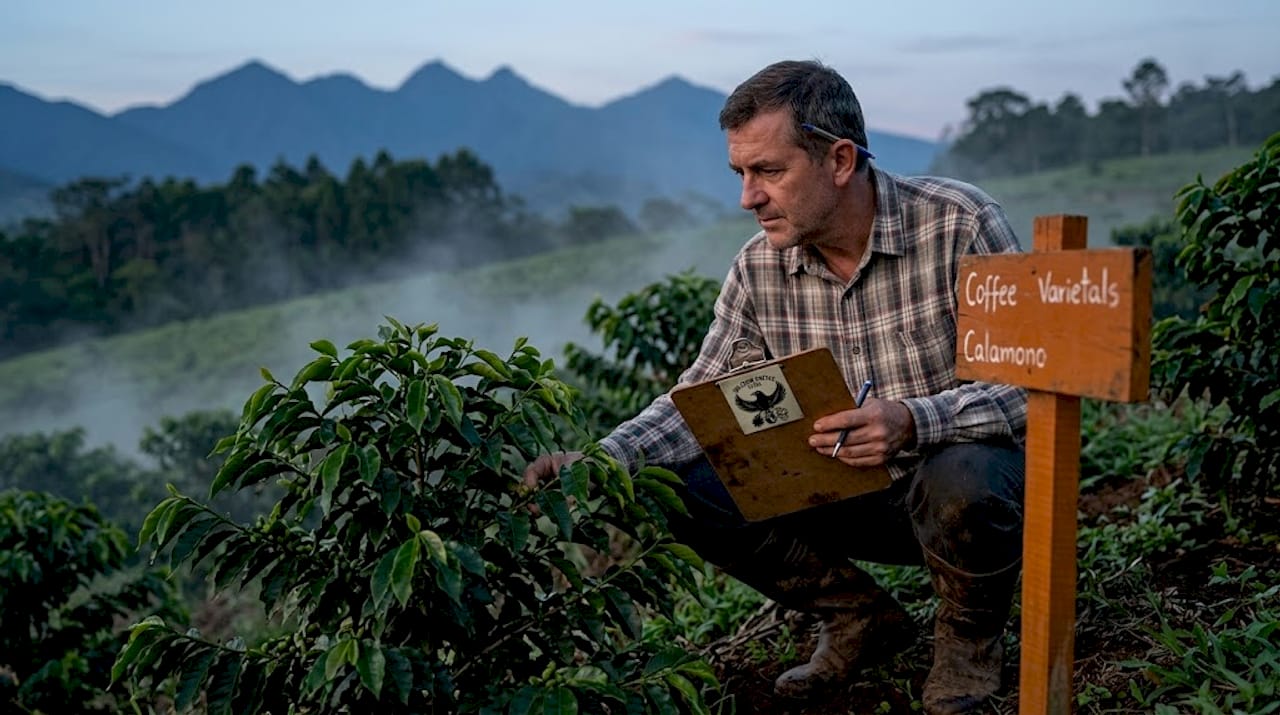 Farmer overlooking dewy coffee fields at sunrise