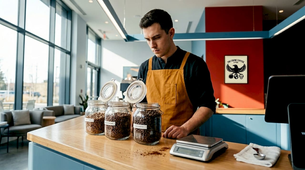 Barista comparing light, medium, dark coffee beans