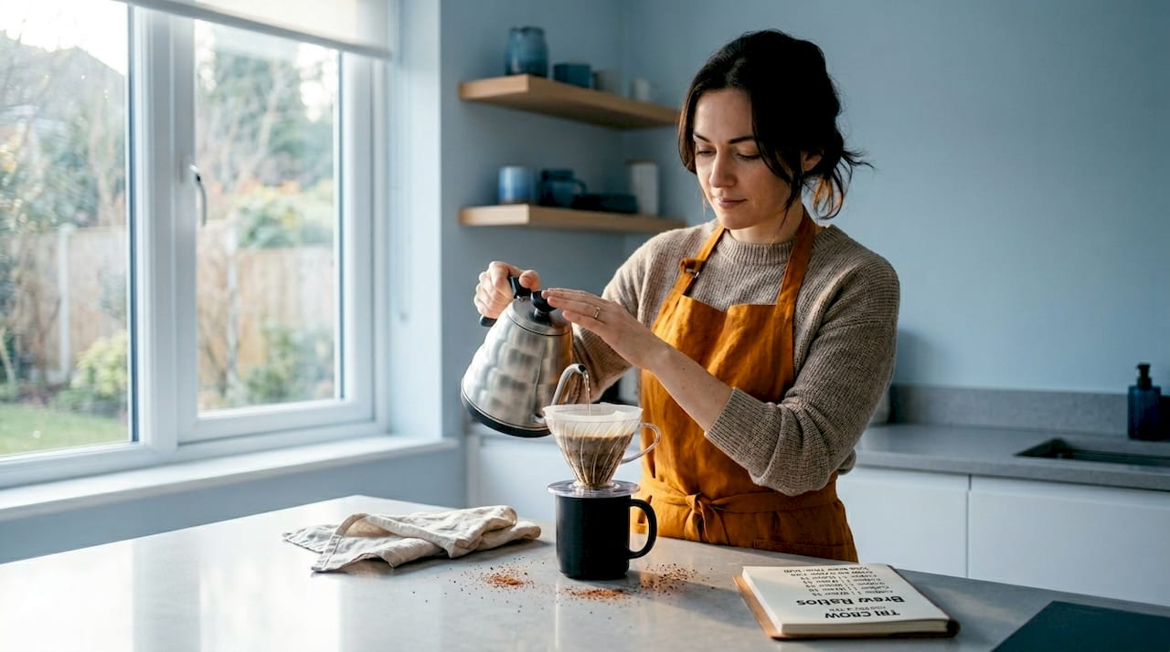 Woman brewing pour-over coffee in sunlit kitchen