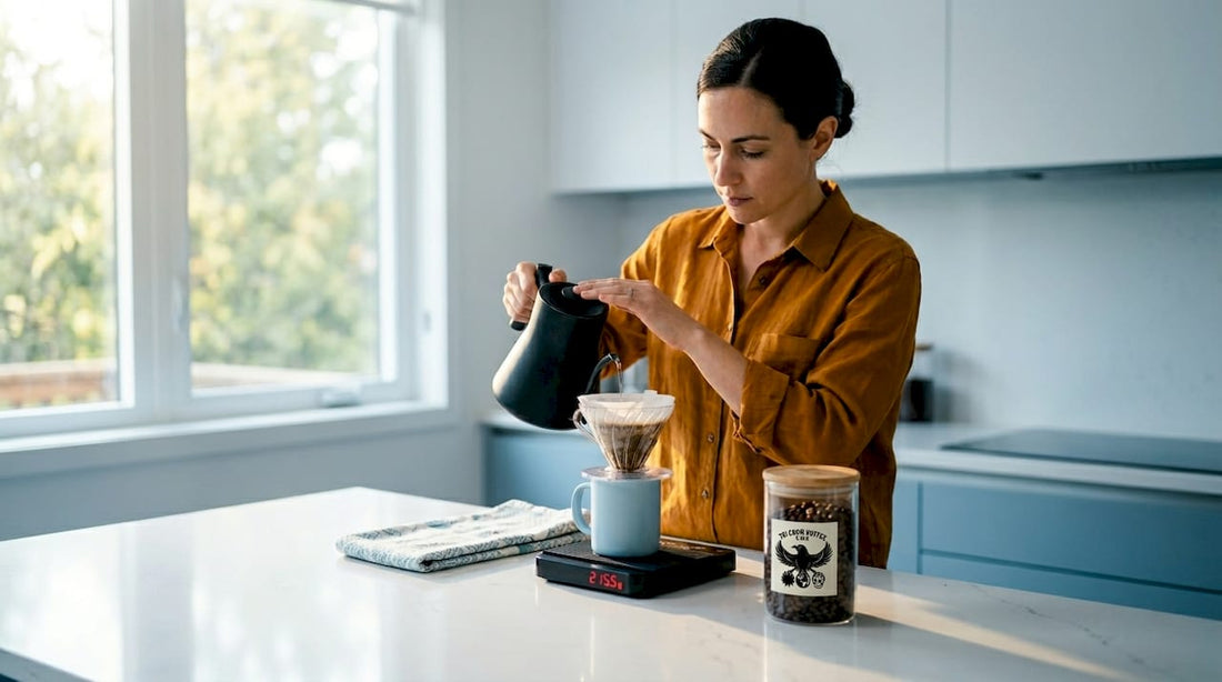 Woman brewing coffee at kitchen counter