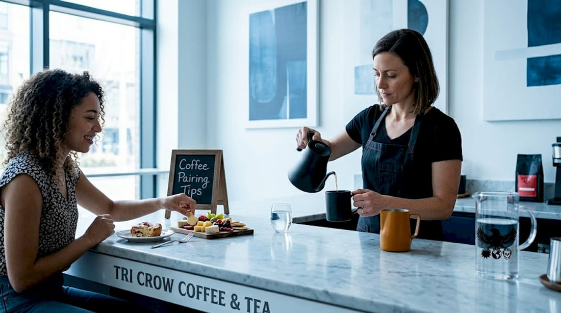 Barista preparing coffee next to food pairings