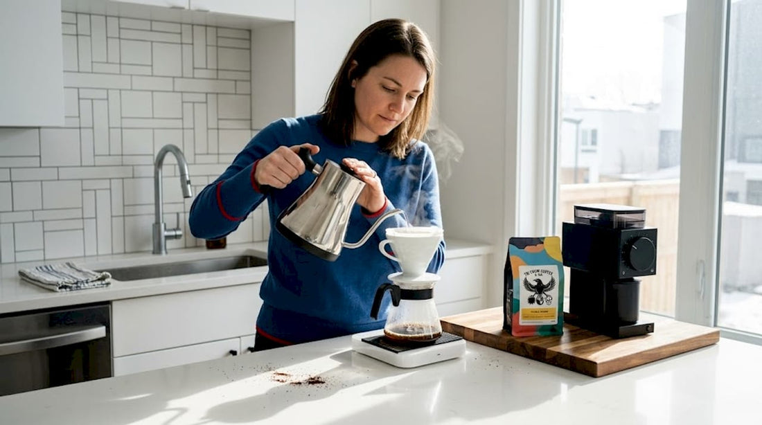 Home kitchen coffee brewing in morning light