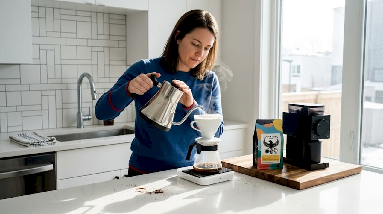 Home kitchen coffee brewing in morning light