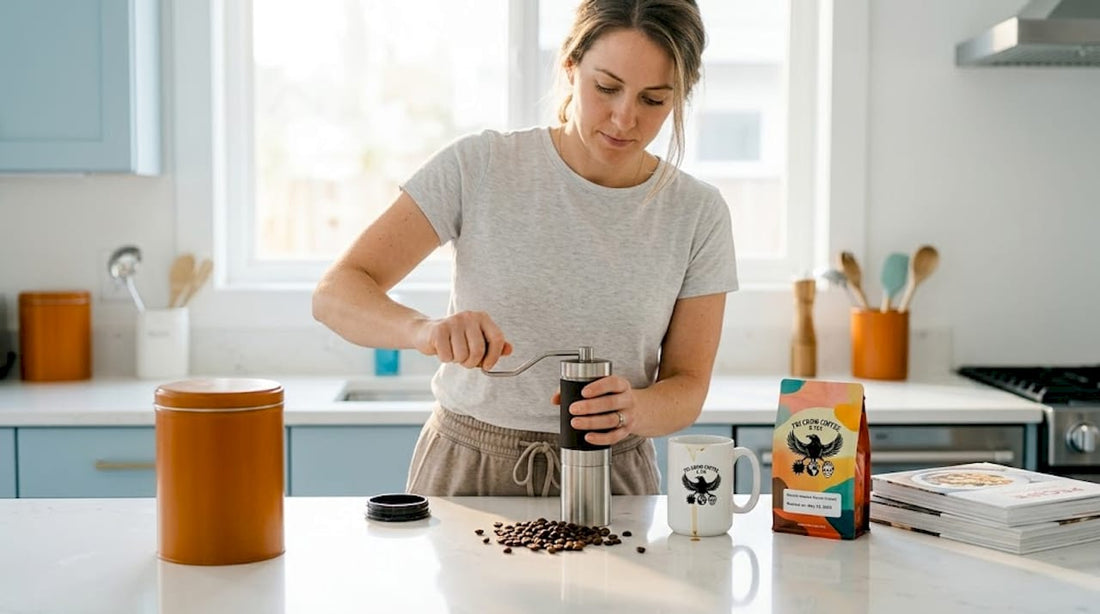 Woman grinding coffee beans in sunlit kitchen