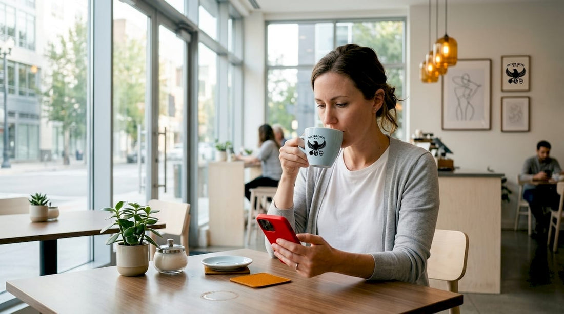 Woman drinking coffee in sunlit kitchen