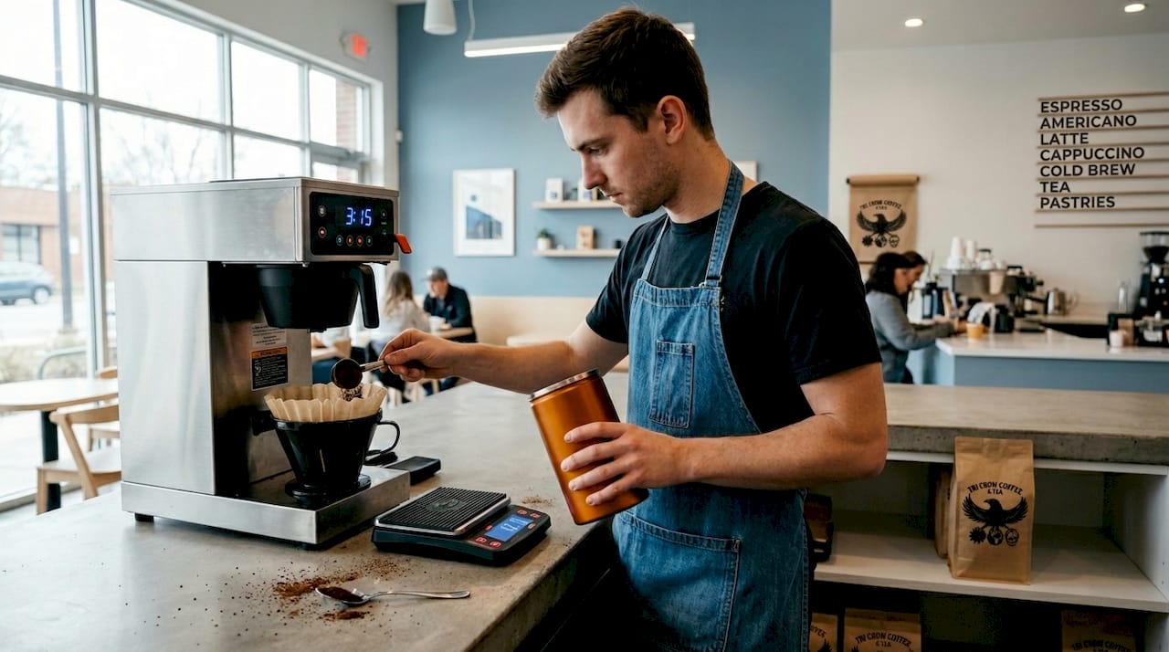 Woman preparing batch brew coffee at home kitchen