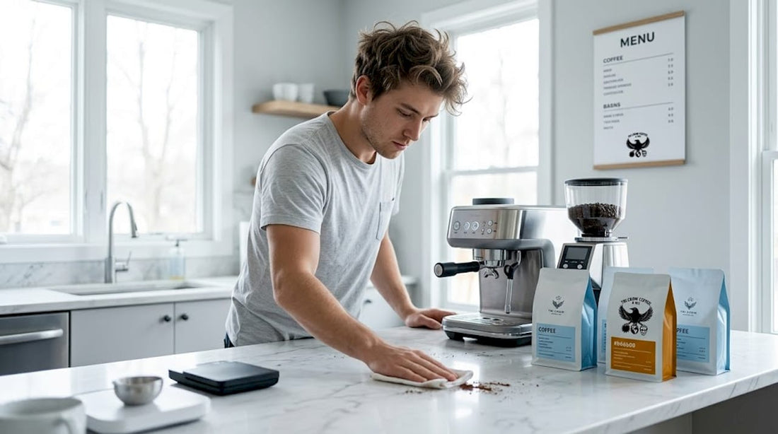 Home barista preparing espresso in kitchen