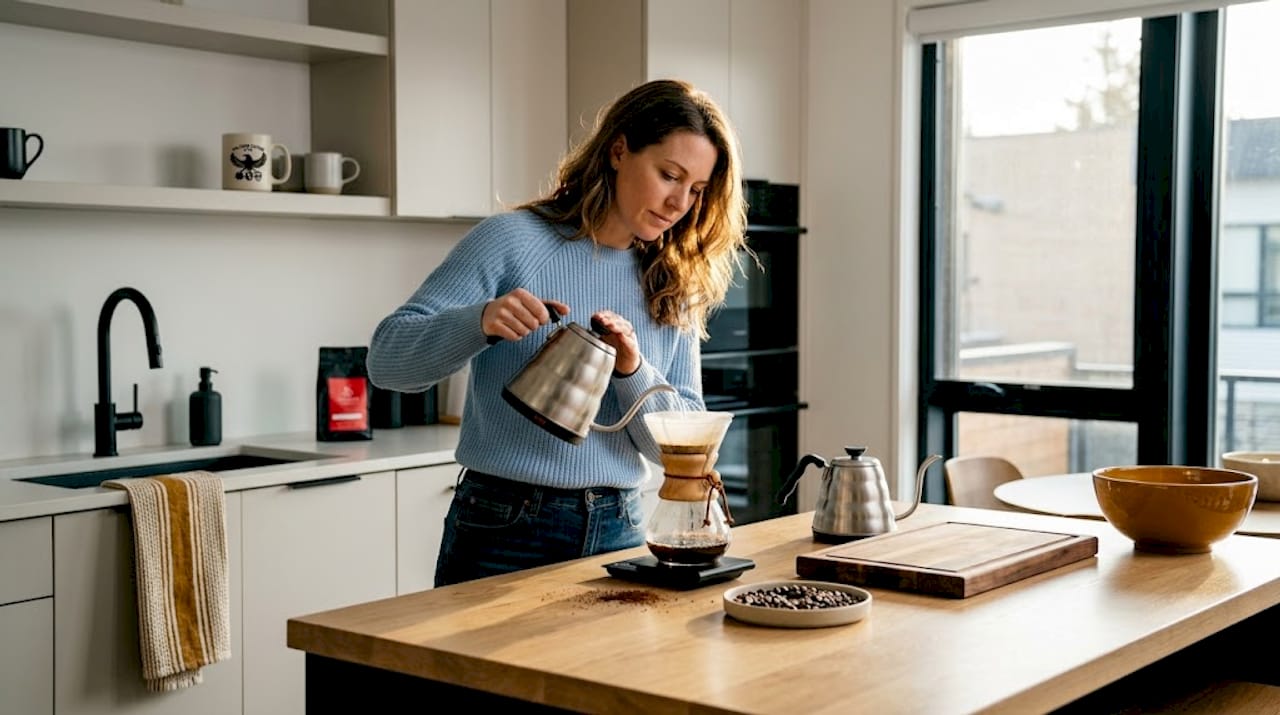 Brewing fresh coffee in morning kitchen