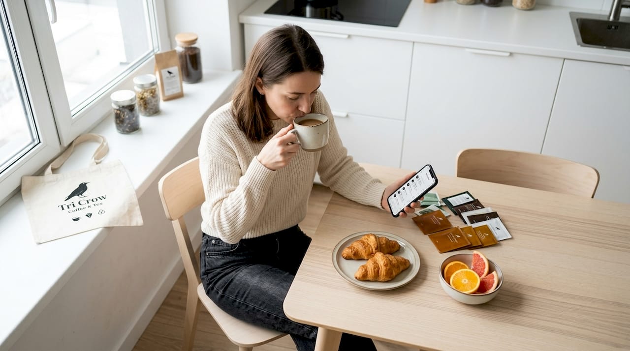 Woman enjoying coffee and tea pairing ritual