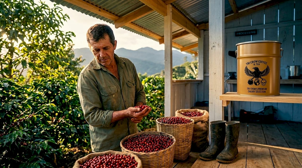 Farmer inspecting coffee cherries on hillside farm