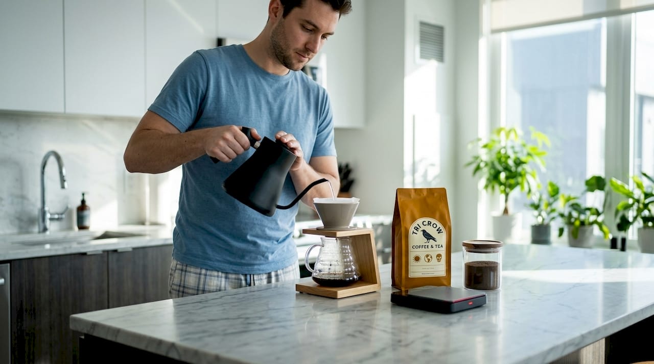 Man brewing coffee in a sunlit kitchen