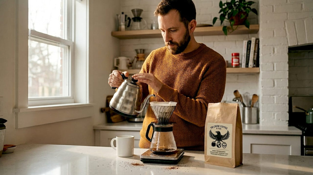 Man preparing pour-over coffee on kitchen counter
