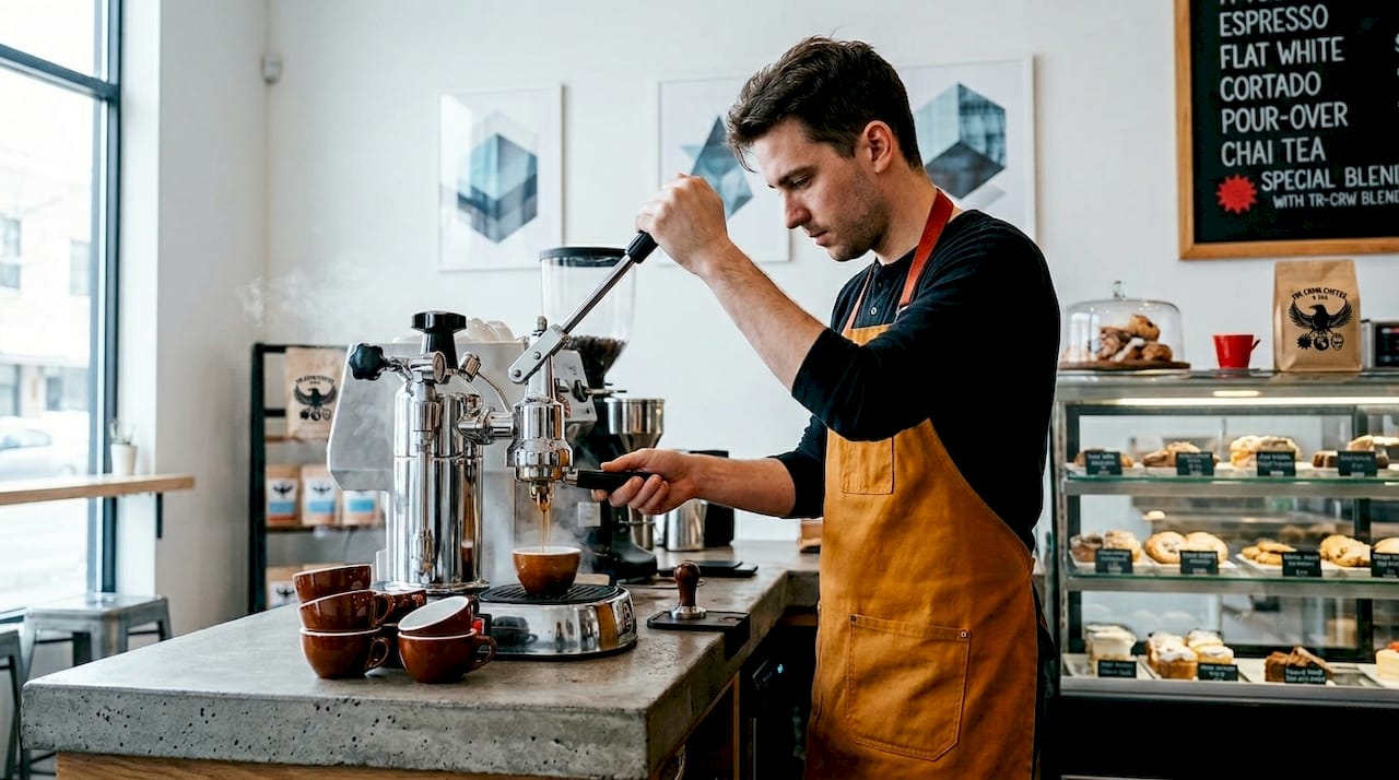 Barista preparing espresso shot in cafe