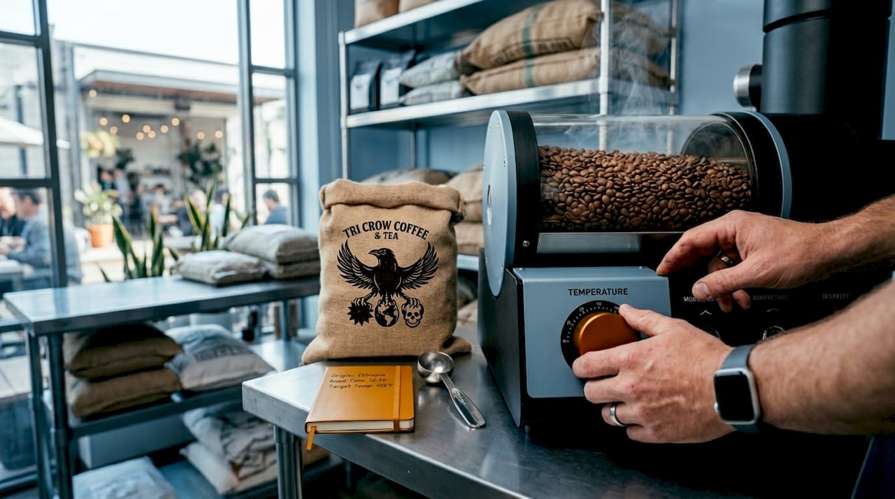 Hands adjusting artisanal coffee roaster controls
