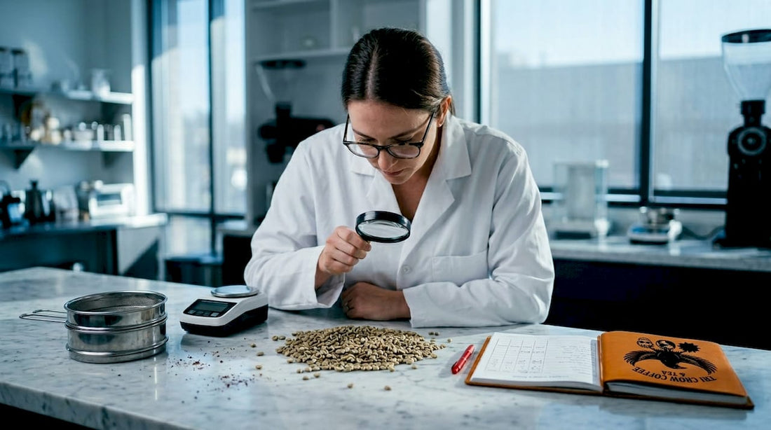 Technician inspecting green coffee beans