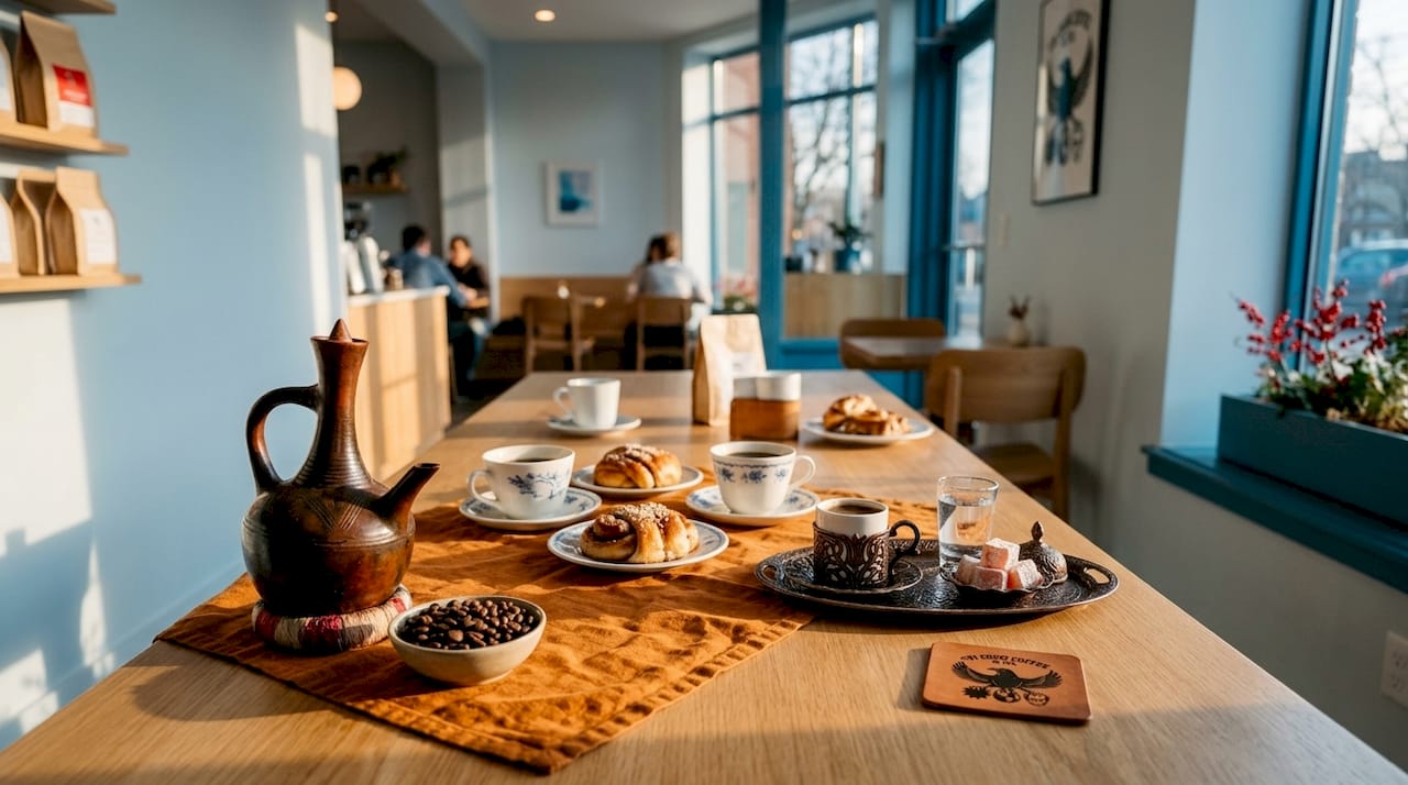Collage of global coffee ritual setups on wooden table