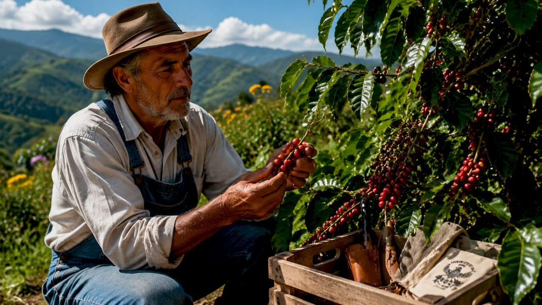 Coffee farmer inspecting ripe cherries outdoors