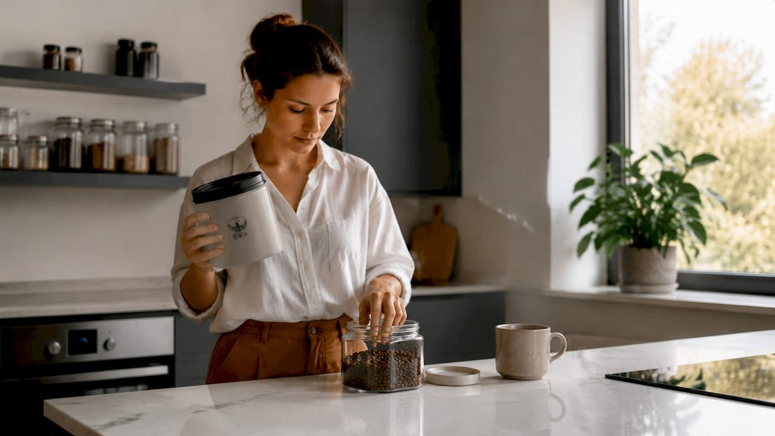 Woman storing fresh coffee beans at home kitchen
