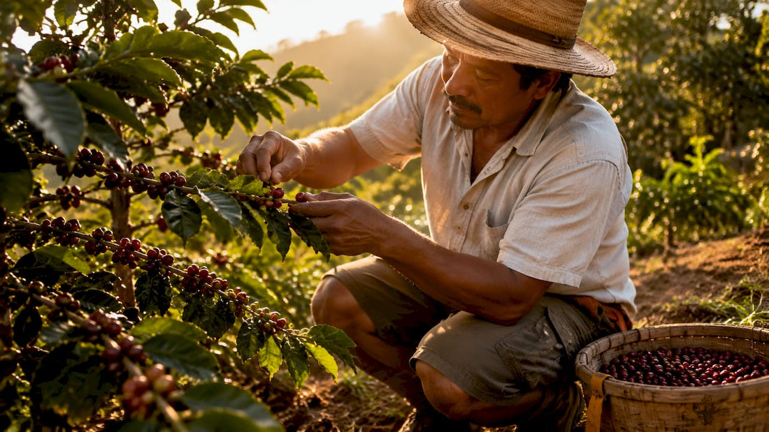 Coffee farmer inspecting berries on small plot