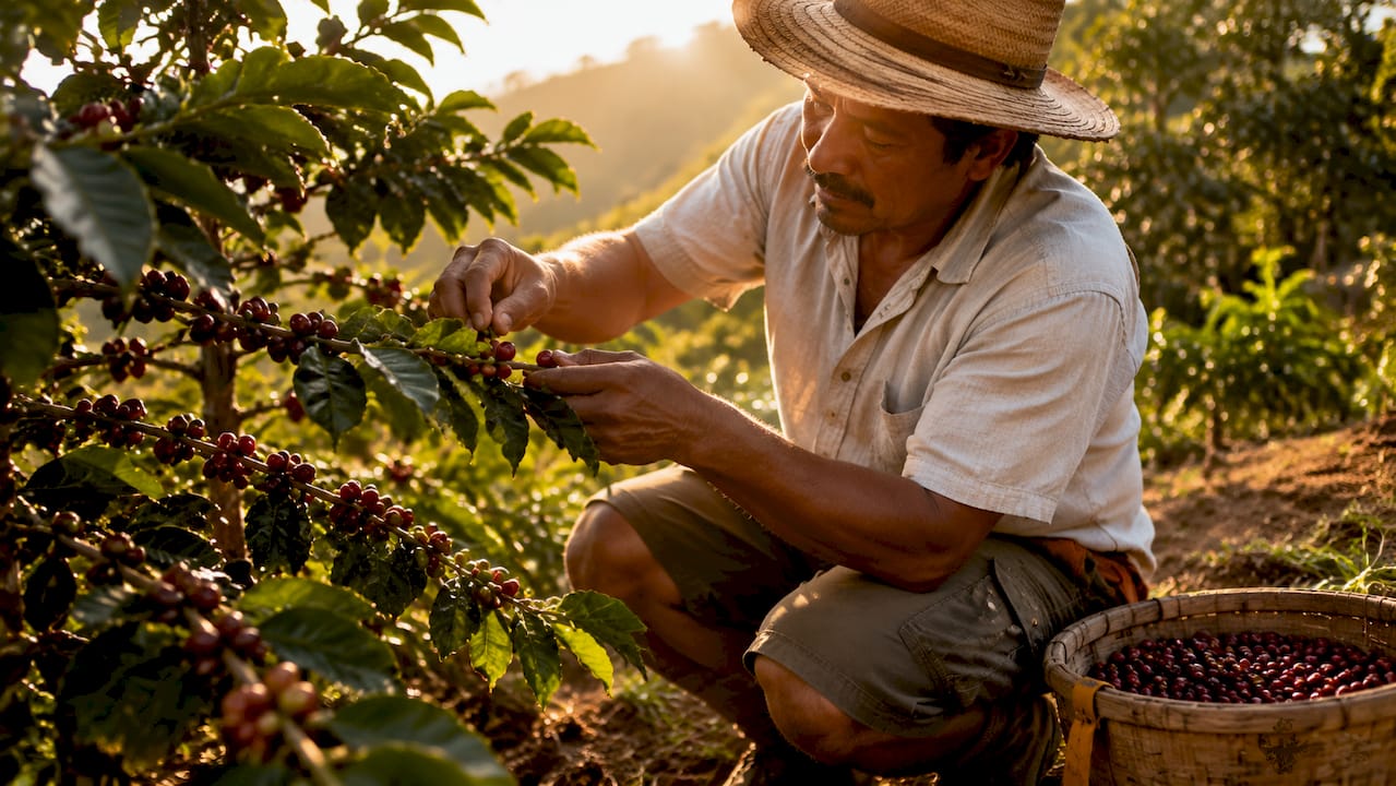 Coffee farmer inspecting berries on small plot