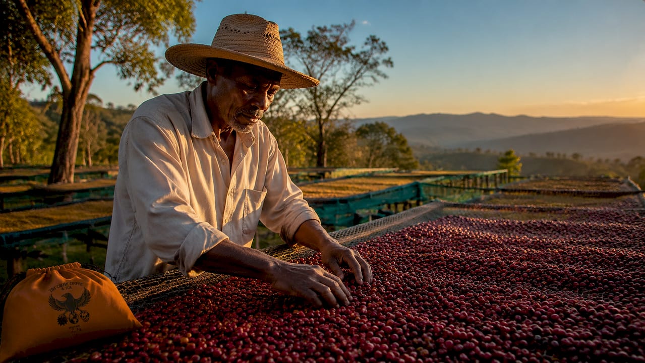 Coffee farmer sorting drying cherries outdoors