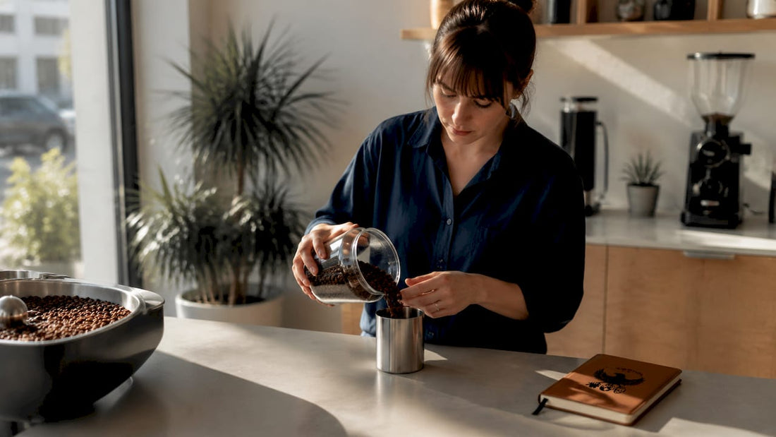 Artisan examining freshly roasted coffee beans in roasting loft