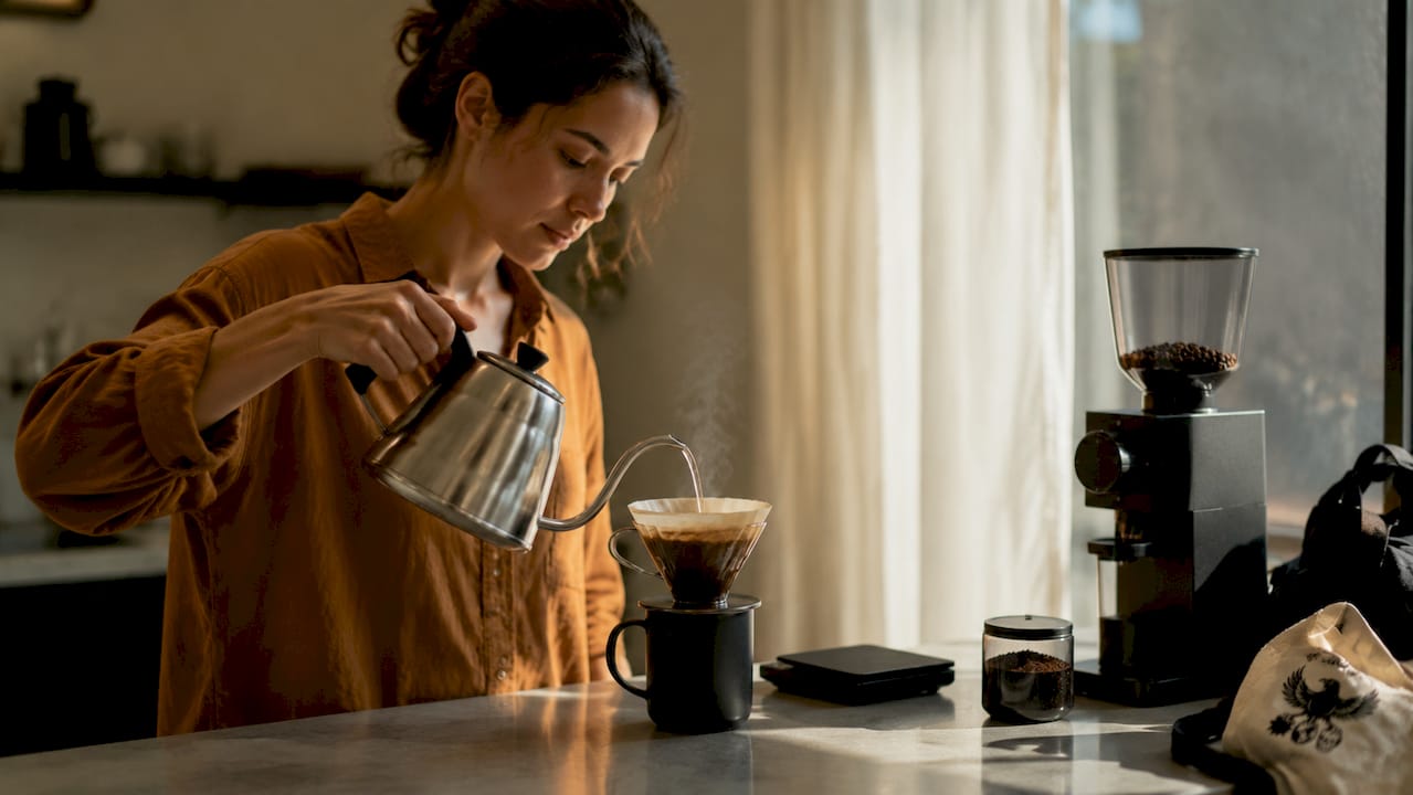 Person pouring water over coffee dripper in morning light