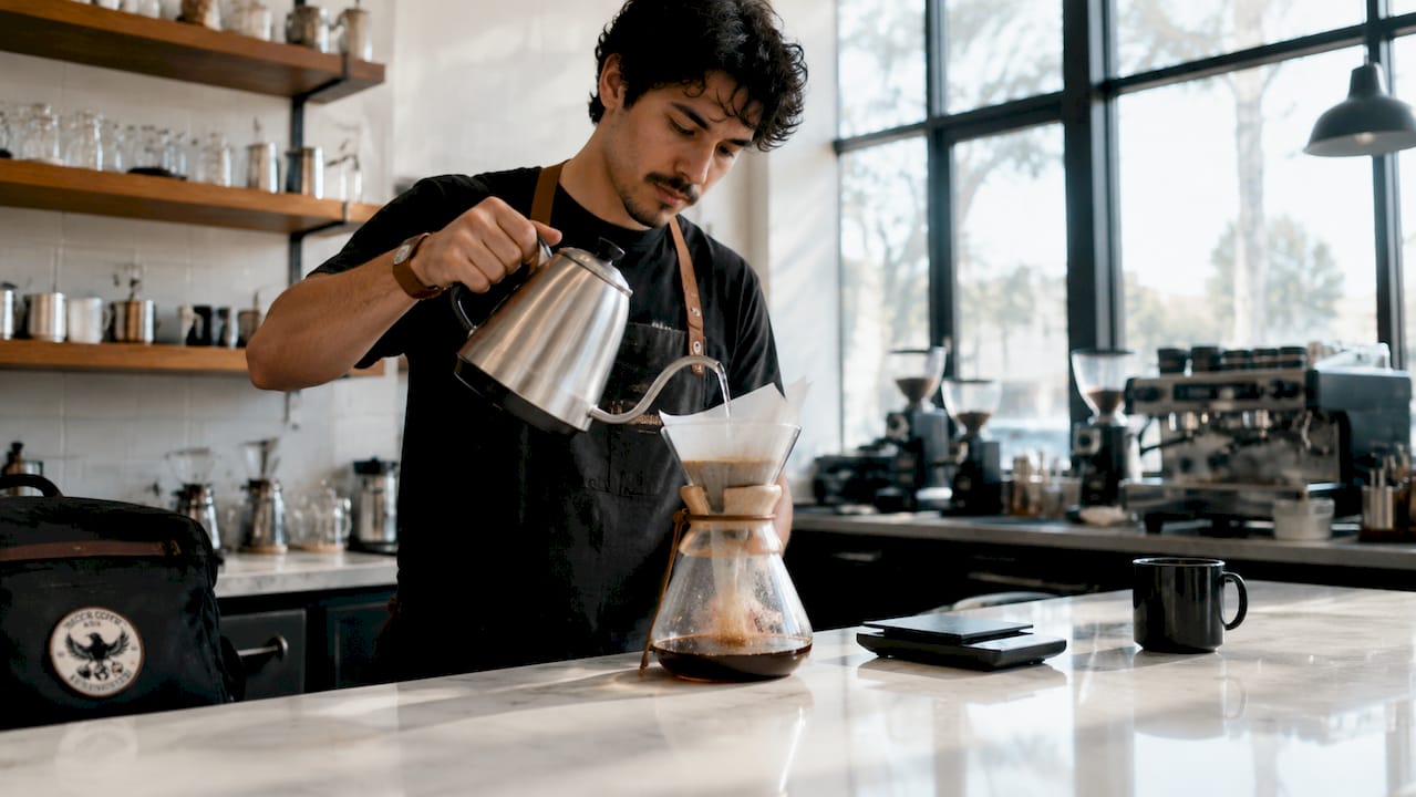 Barista brewing light roast coffee in Chemex