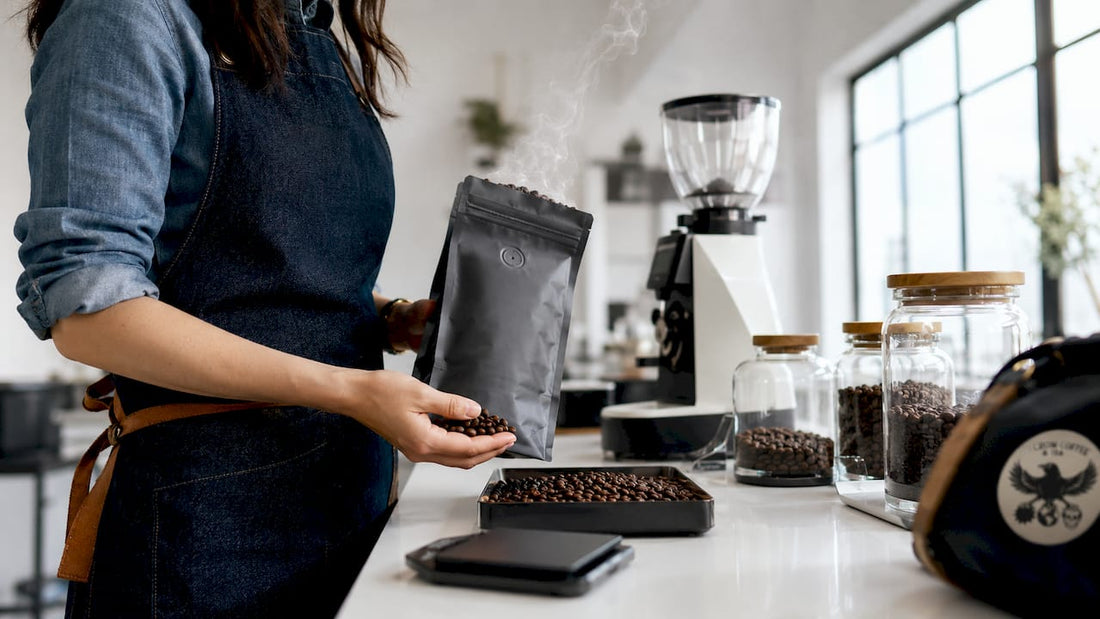Barista examining freshly roasted coffee beans and degassing bag